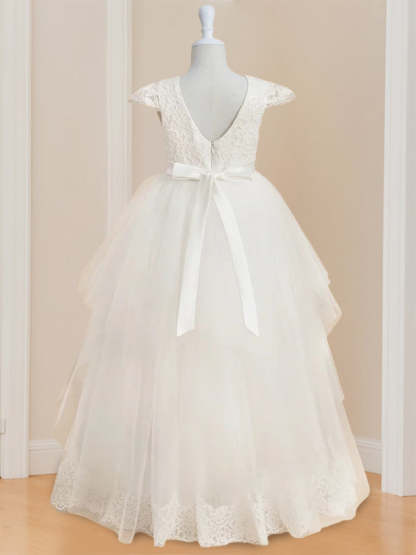 Sleeveless Scoop-Neck Floor-Length Ball Gown with Lace and Bowknot for Flower Girls