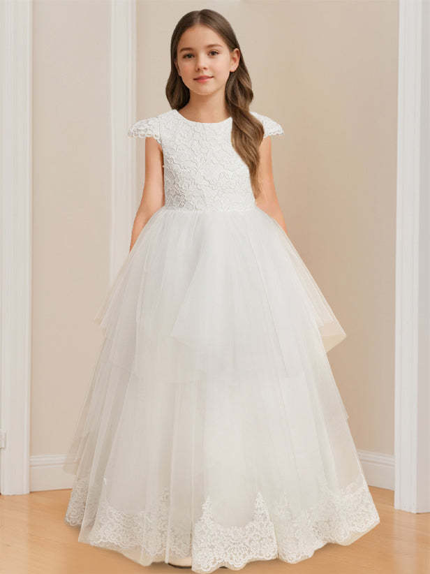Sleeveless Scoop-Neck Floor-Length Ball Gown with Lace and Bowknot for Flower Girls
