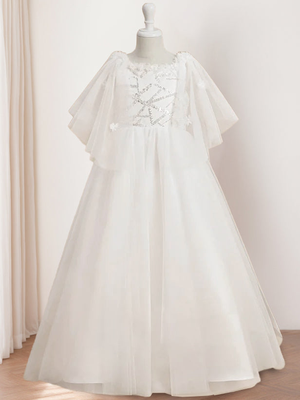 Princess A-Line Floor-Length Flower Girl Dress with Scoop Neck and Short Sleeves