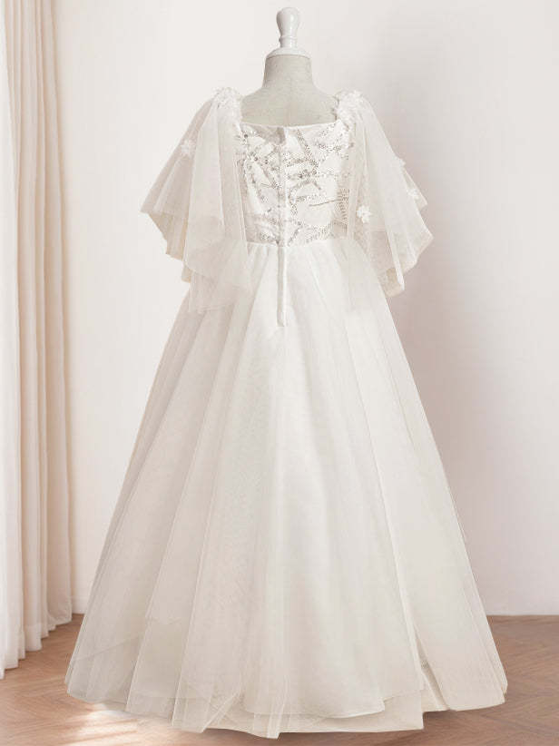 Princess A-Line Floor-Length Flower Girl Dress with Scoop Neck and Short Sleeves