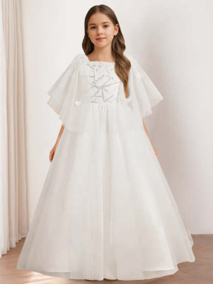 Princess A-Line Floor-Length Flower Girl Dress with Scoop Neck and Short Sleeves