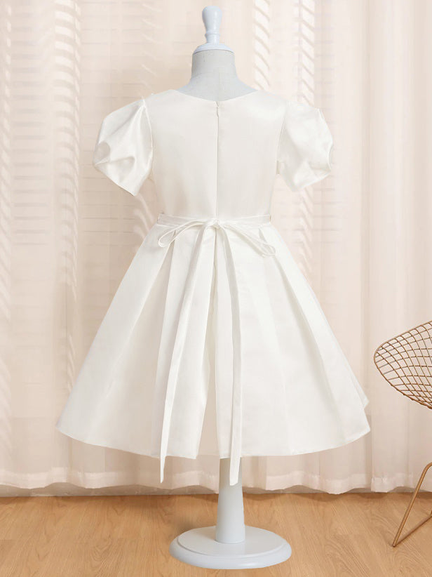 Knee-Length Flower Girl Dress with Appliques in A-Line/Princess V-Neck and Short Sleeves