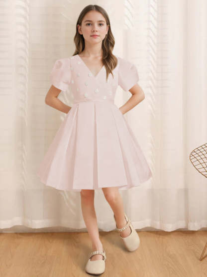 Knee-Length Flower Girl Dress with Appliques in A-Line/Princess V-Neck and Short Sleeves
