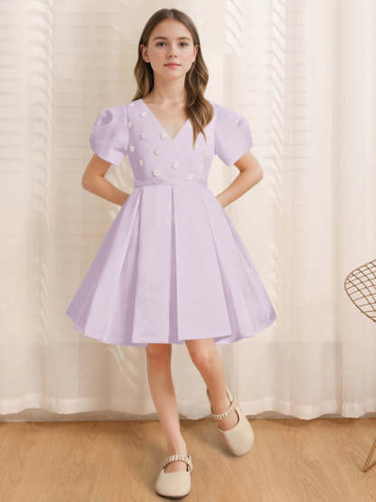 Knee-Length Flower Girl Dress with Appliques in A-Line/Princess V-Neck and Short Sleeves