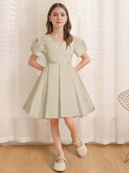 Knee-Length Flower Girl Dress with Appliques in A-Line/Princess V-Neck and Short Sleeves