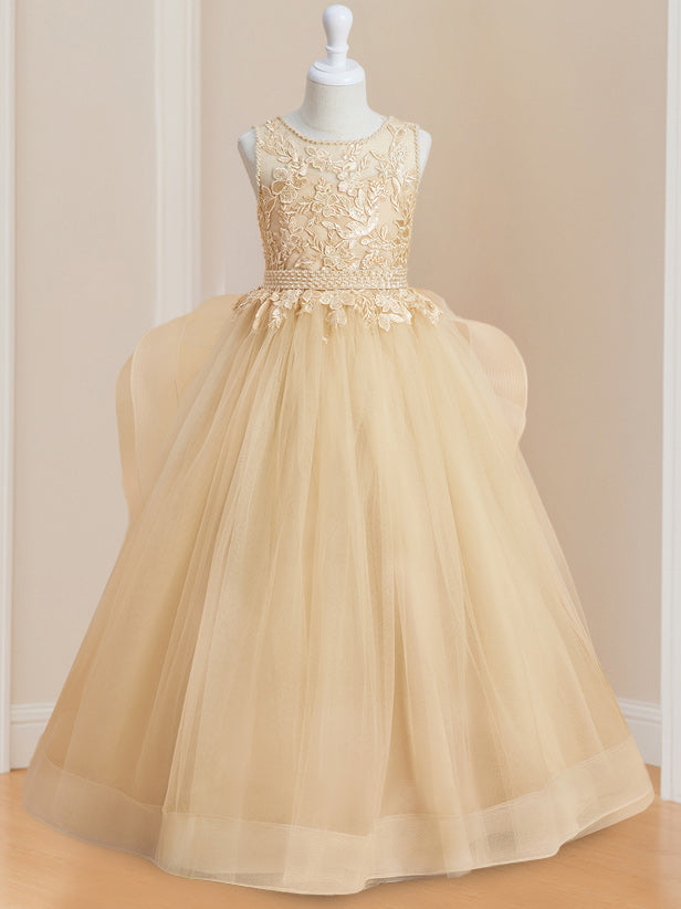 Sleeveless Floor-Length Flower Girl Ball Gown with Round Neck and Appliques