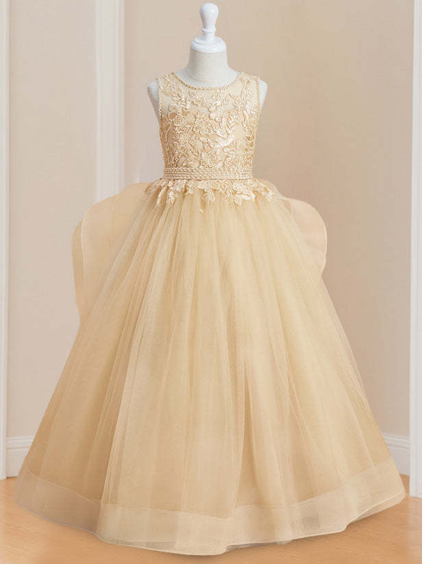 Sleeveless Floor-Length Flower Girl Ball Gown with Round Neck and Appliques
