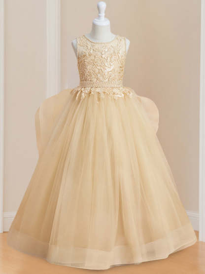 Sleeveless Floor-Length Flower Girl Ball Gown with Round Neck and Appliques