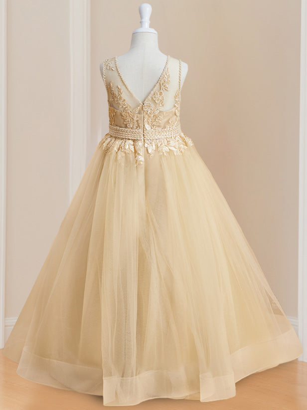 Sleeveless Floor-Length Flower Girl Ball Gown with Round Neck and Appliques
