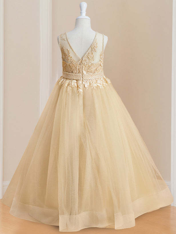 Sleeveless Floor-Length Flower Girl Ball Gown with Round Neck and Appliques