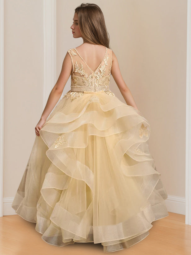 Sleeveless Floor-Length Flower Girl Ball Gown with Round Neck and Appliques