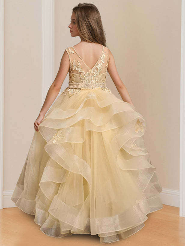 Sleeveless Floor-Length Flower Girl Ball Gown with Round Neck and Appliques