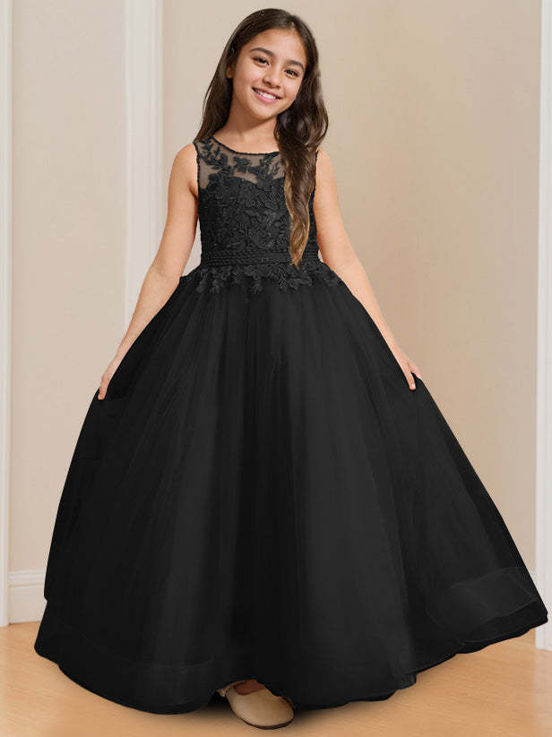 Sleeveless Floor-Length Flower Girl Ball Gown with Round Neck and Appliques