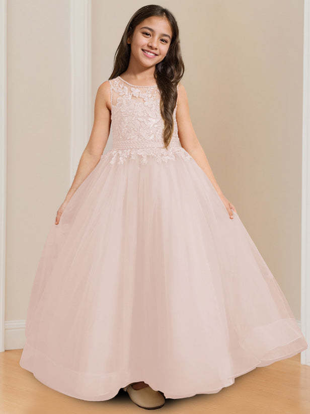 Sleeveless Floor-Length Flower Girl Ball Gown with Round Neck and Appliques