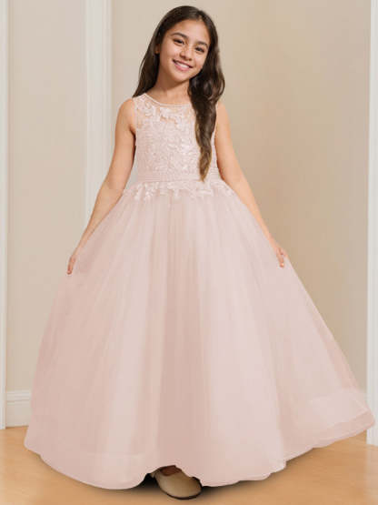 Sleeveless Floor-Length Flower Girl Ball Gown with Round Neck and Appliques