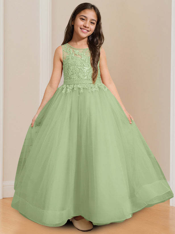 Sleeveless Floor-Length Flower Girl Ball Gown with Round Neck and Appliques