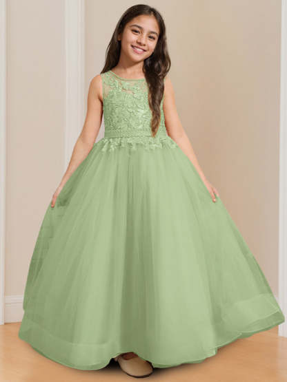 Sleeveless Floor-Length Flower Girl Ball Gown with Round Neck and Appliques