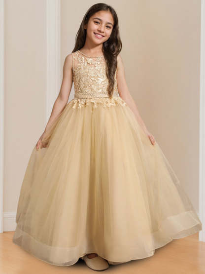 Sleeveless Floor-Length Flower Girl Ball Gown with Round Neck and Appliques
