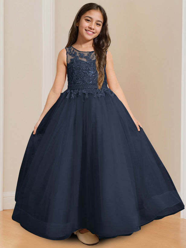 Sleeveless Floor-Length Flower Girl Ball Gown with Round Neck and Appliques