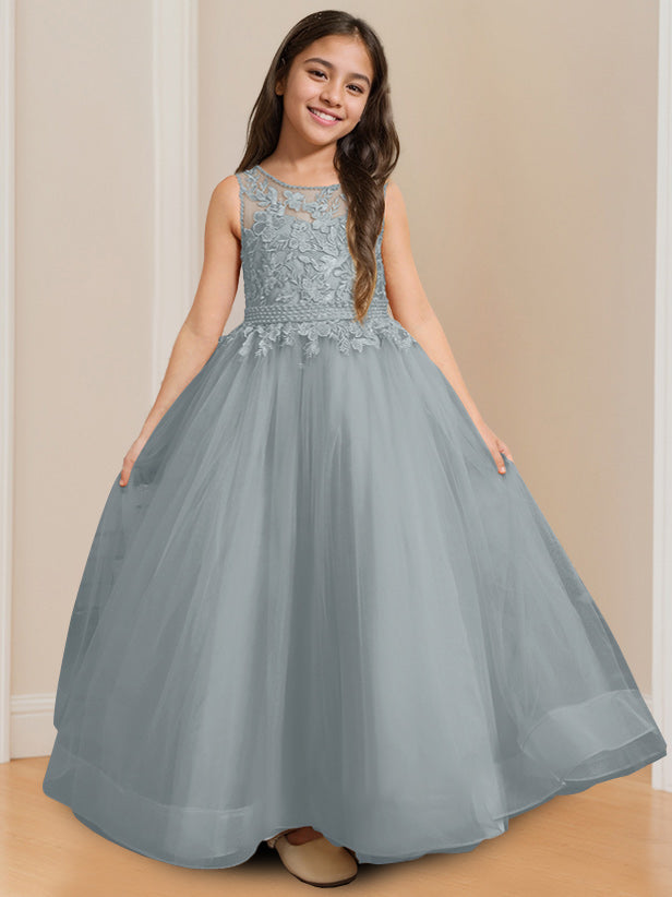 Sleeveless Floor-Length Flower Girl Ball Gown with Round Neck and Appliques