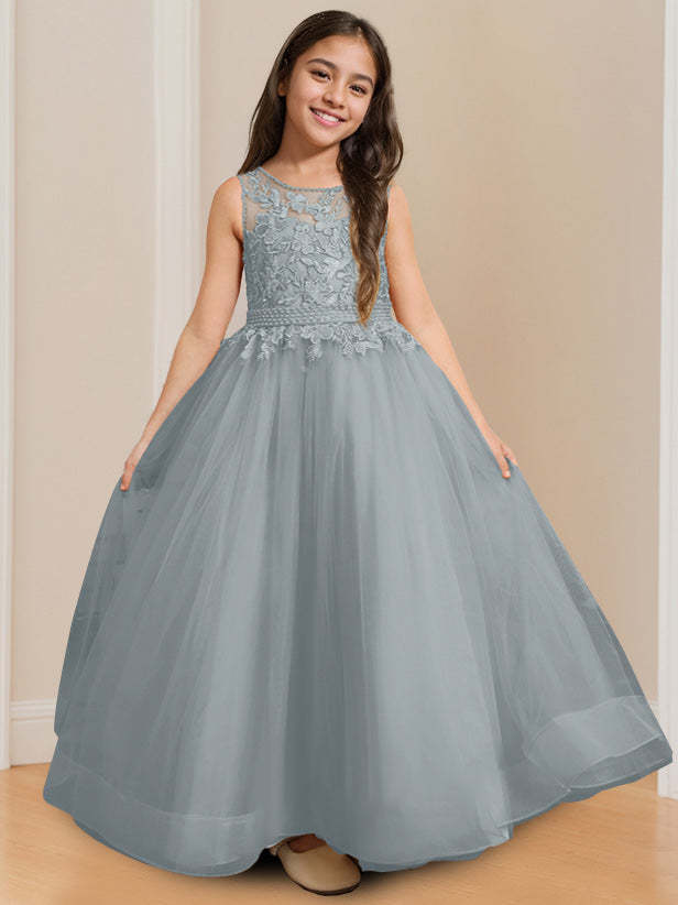 Sleeveless Floor-Length Flower Girl Ball Gown with Round Neck and Appliques