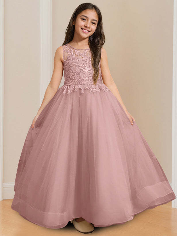 Sleeveless Floor-Length Flower Girl Ball Gown with Round Neck and Appliques