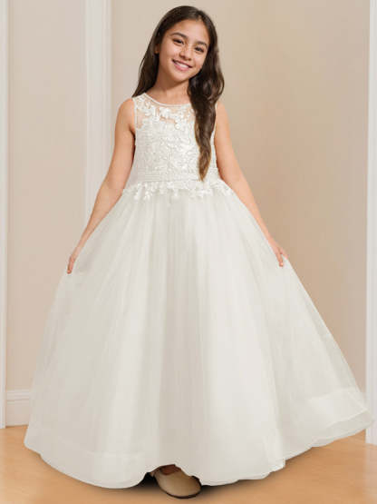 Sleeveless Floor-Length Flower Girl Ball Gown with Round Neck and Appliques