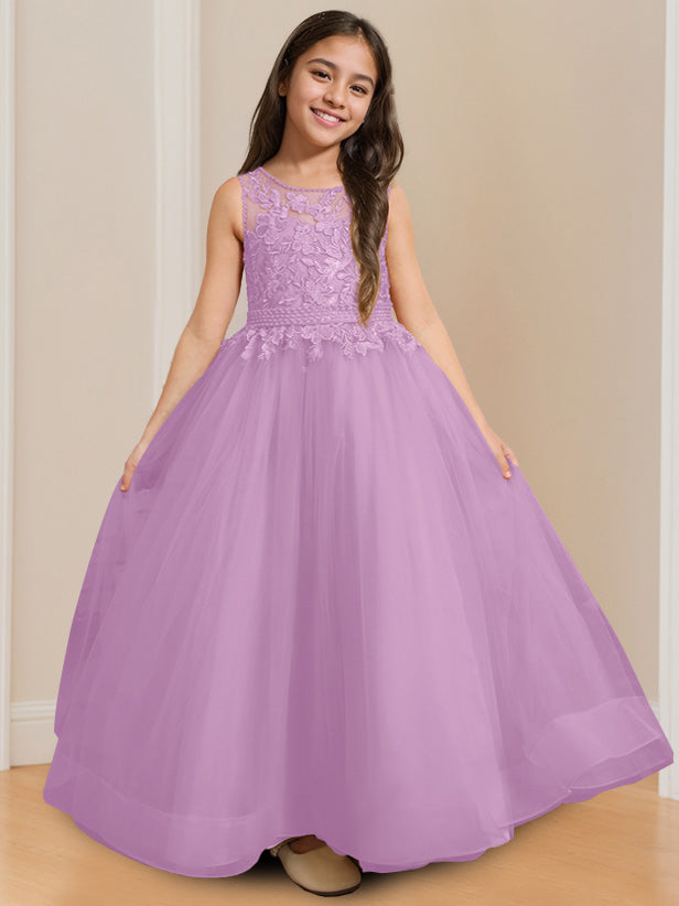 Sleeveless Floor-Length Flower Girl Ball Gown with Round Neck and Appliques