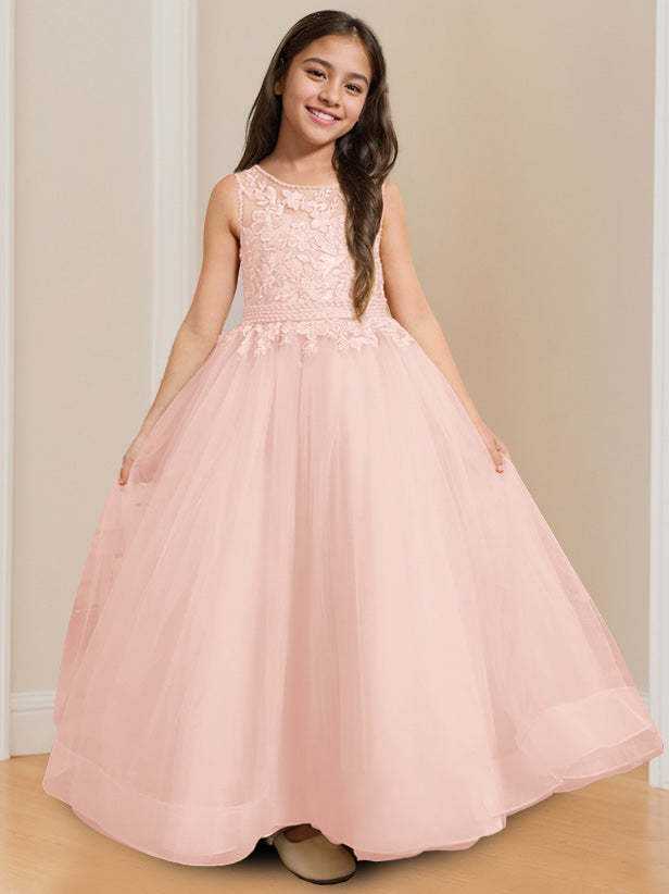 Sleeveless Floor-Length Flower Girl Ball Gown with Round Neck and Appliques