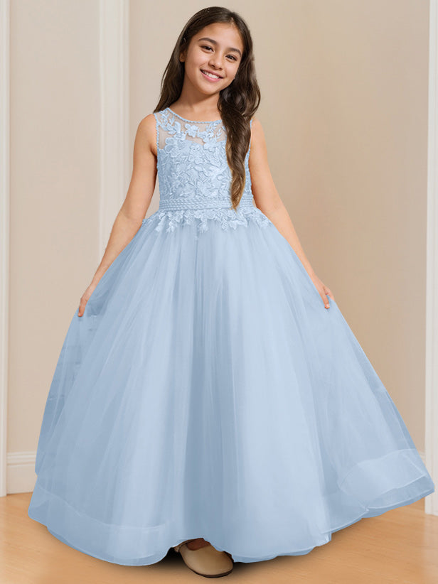Sleeveless Floor-Length Flower Girl Ball Gown with Round Neck and Appliques