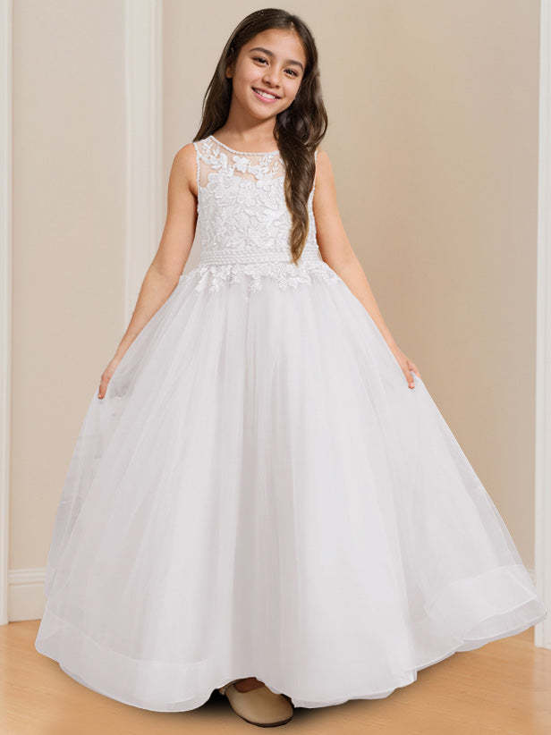 Sleeveless Floor-Length Flower Girl Ball Gown with Round Neck and Appliques