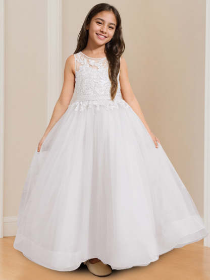 Sleeveless Floor-Length Flower Girl Ball Gown with Round Neck and Appliques