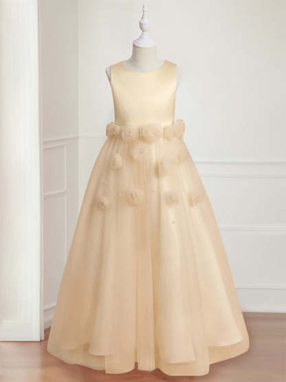 Floor-length sleeveless A-line princess flower girl dress featuring a round neck and 3D floral design-BMbridal.UK