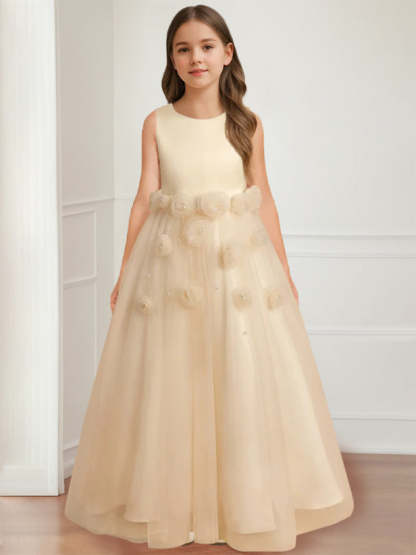 Floor-length sleeveless A-line princess flower girl dress featuring a round neck and 3D floral design-BMbridal.UK