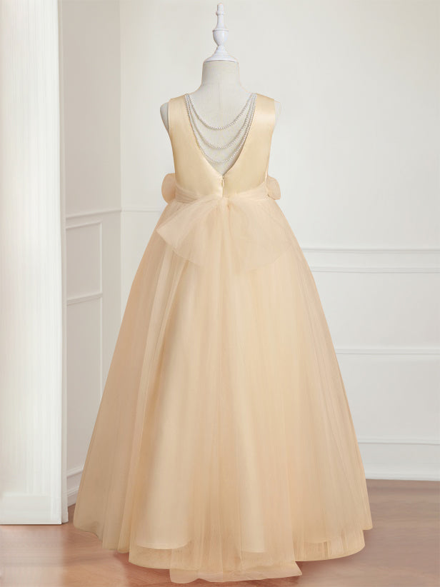 Floor-length sleeveless A-line princess flower girl dress featuring a round neck and 3D floral design-BMbridal.UK