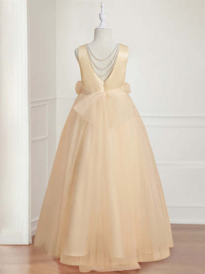 Floor-length sleeveless A-line princess flower girl dress featuring a round neck and 3D floral design-BMbridal.UK