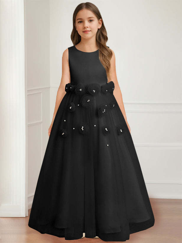 Floor-length sleeveless A-line princess flower girl dress featuring a round neck and 3D floral design-BMbridal.UK
