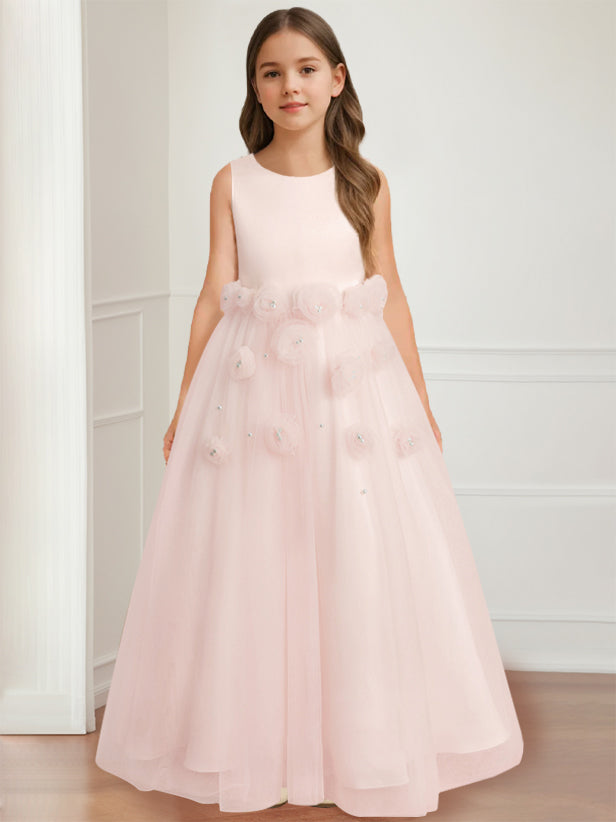 Floor-length sleeveless A-line princess flower girl dress featuring a round neck and 3D floral design-BMbridal.UK