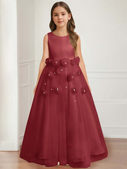 Floor-length sleeveless A-line princess flower girl dress featuring a round neck and 3D floral design-BMbridal.UK