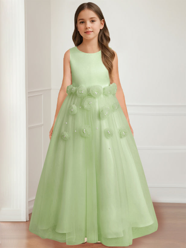 Floor-length sleeveless A-line princess flower girl dress featuring a round neck and 3D floral design-BMbridal.UK