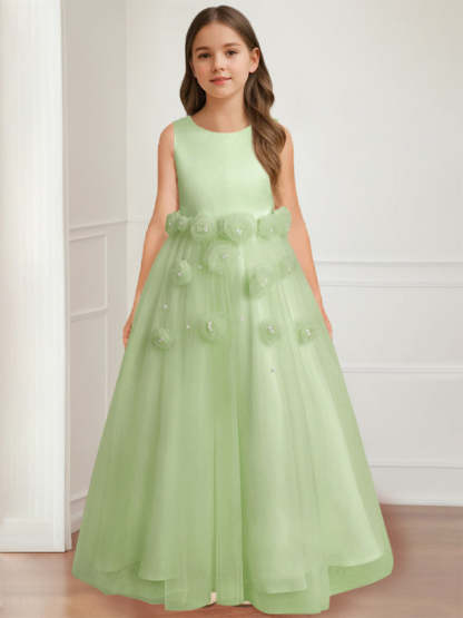 Floor-length sleeveless A-line princess flower girl dress featuring a round neck and 3D floral design-BMbridal.UK