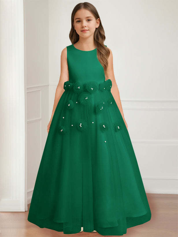 Floor-length sleeveless A-line princess flower girl dress featuring a round neck and 3D floral design-BMbridal.UK