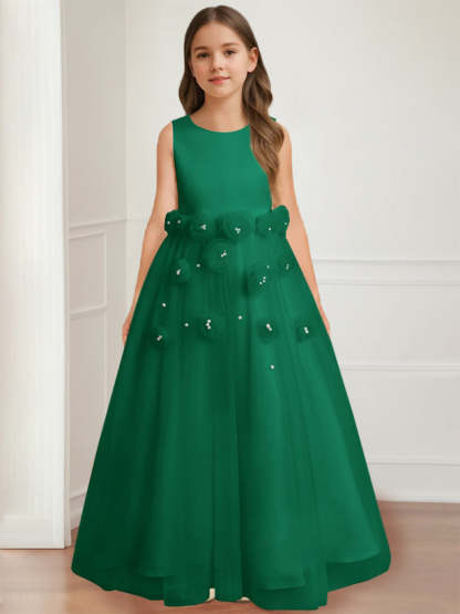 Floor-length sleeveless A-line princess flower girl dress featuring a round neck and 3D floral design-BMbridal.UK
