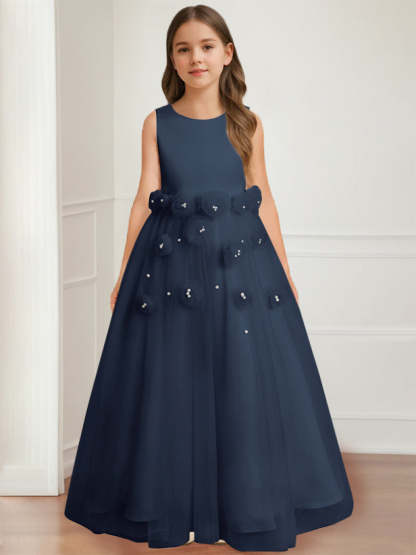 Floor-length sleeveless A-line princess flower girl dress featuring a round neck and 3D floral design-BMbridal.UK