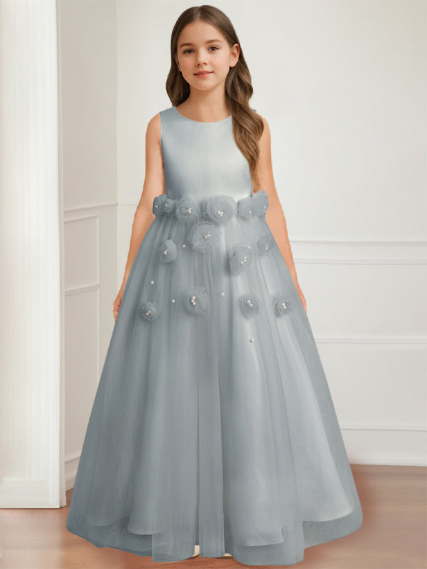 Floor-length sleeveless A-line princess flower girl dress featuring a round neck and 3D floral design-BMbridal.UK