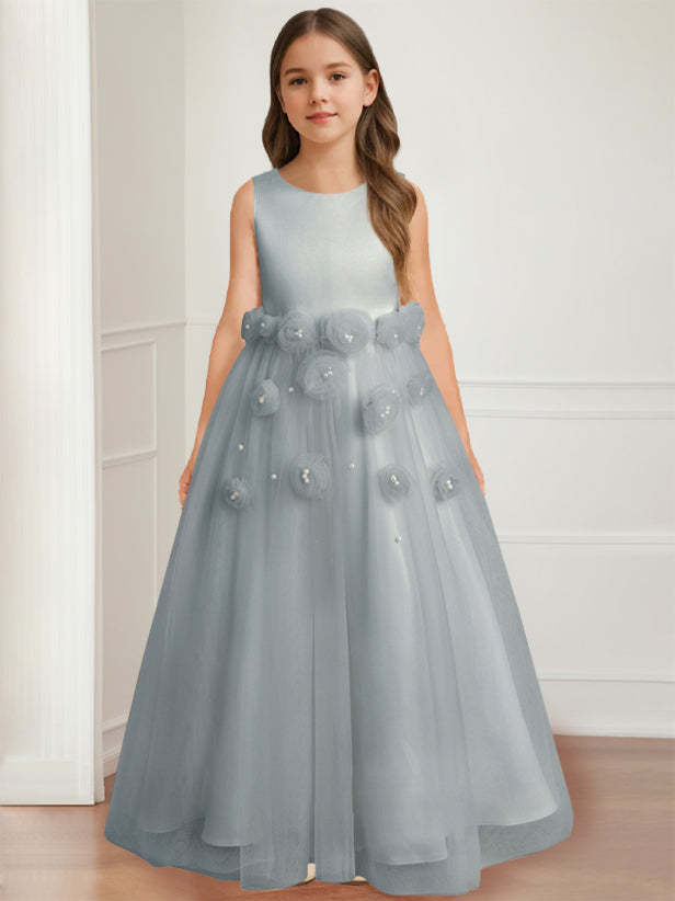 Floor-length sleeveless A-line princess flower girl dress featuring a round neck and 3D floral design-BMbridal.UK