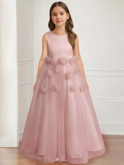 Floor-length sleeveless A-line princess flower girl dress featuring a round neck and 3D floral design-BMbridal.UK