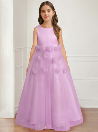 Floor-length sleeveless A-line princess flower girl dress featuring a round neck and 3D floral design-BMbridal.UK