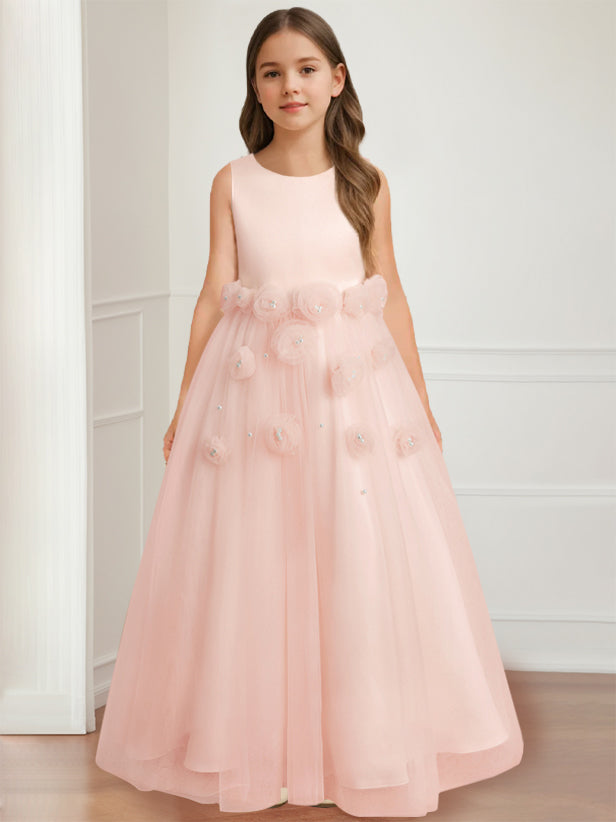 Floor-length sleeveless A-line princess flower girl dress featuring a round neck and 3D floral design-BMbridal.UK