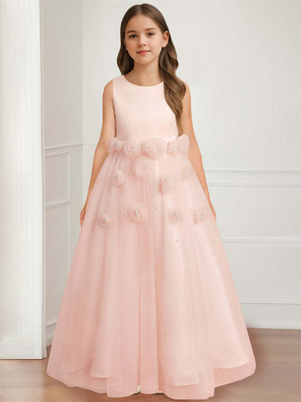 Floor-length sleeveless A-line princess flower girl dress featuring a round neck and 3D floral design-BMbridal.UK
